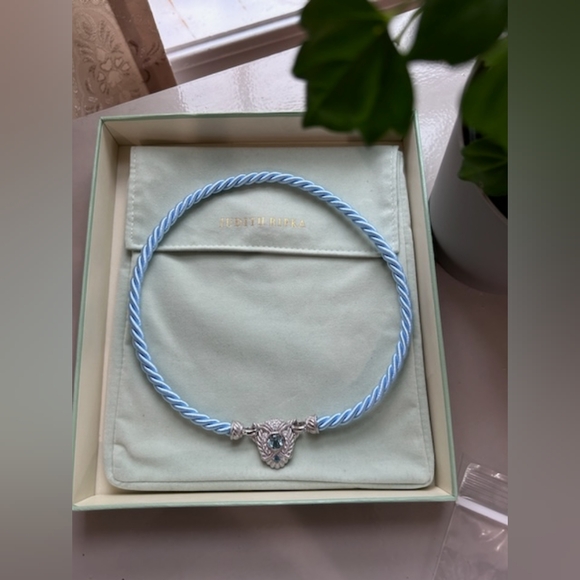 NOS Judith Ripka Silver/Blue Cord Necklace With Blue Topaz & Original Cloth/Box - Picture 2 of 5